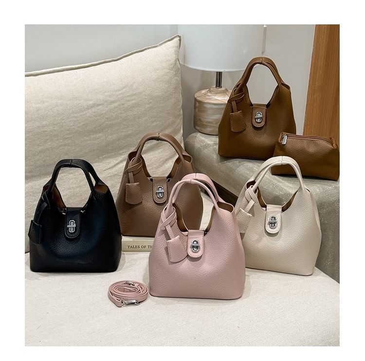 Set: Faux Leather Plain Handbag + Pouch