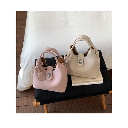 Set: Faux Leather Plain Handbag + Pouch