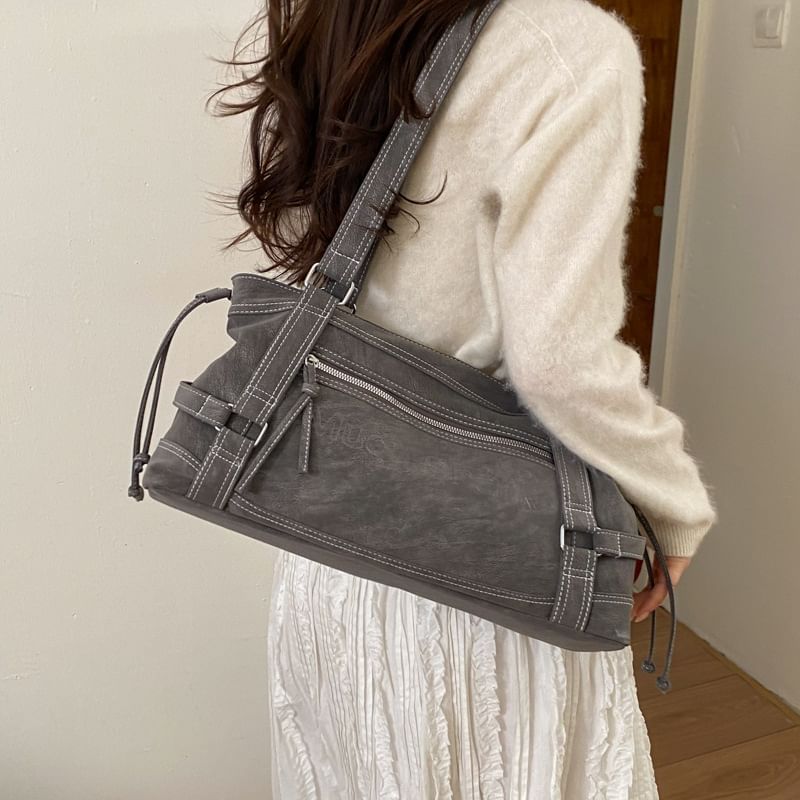 Faux Leather Contrast Stitching Shoulder Bag