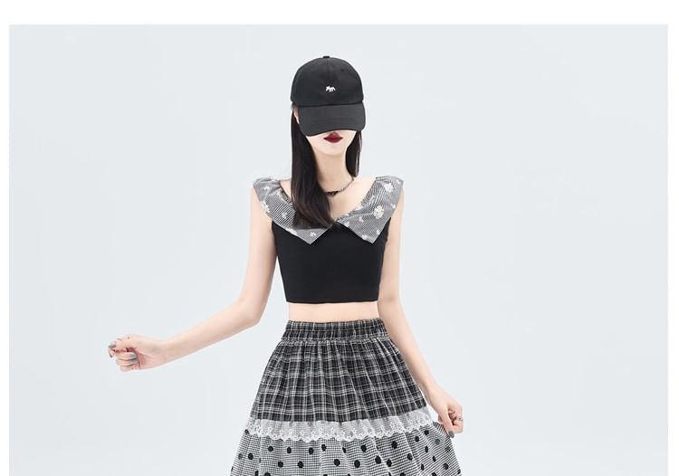 Plaid Panel Maxi A-Line Skirt with Dots - Altfashion Shop
