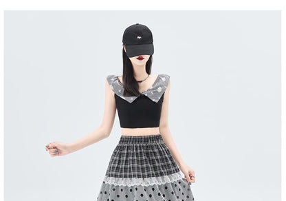 Plaid Panel Maxi A-Line Skirt with Dots - Altfashion Shop