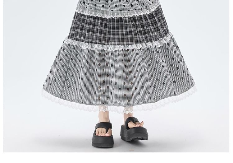 Plaid Panel Maxi A-Line Skirt with Dots - Altfashion Shop