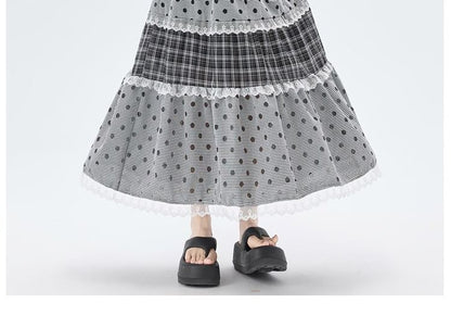 Plaid Panel Maxi A-Line Skirt with Dots - Altfashion Shop
