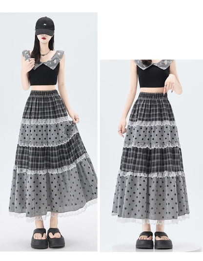 Plaid Panel Maxi A-Line Skirt with Dots - Altfashion Shop
