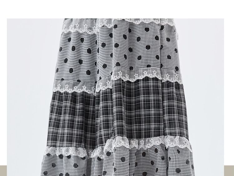 Plaid Panel Maxi A-Line Skirt with Dots - Altfashion Shop