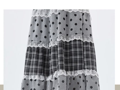 Plaid Panel Maxi A-Line Skirt with Dots - Altfashion Shop