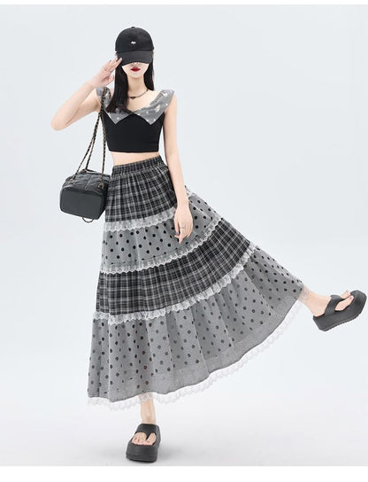 Plaid Panel Maxi A-Line Skirt with Dots - Altfashion Shop