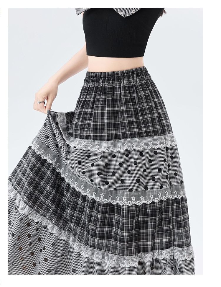 Plaid Panel Maxi A-Line Skirt with Dots - Altfashion Shop