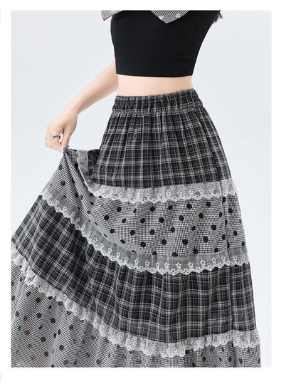 Plaid Panel Maxi A-Line Skirt with Dots - Altfashion Shop