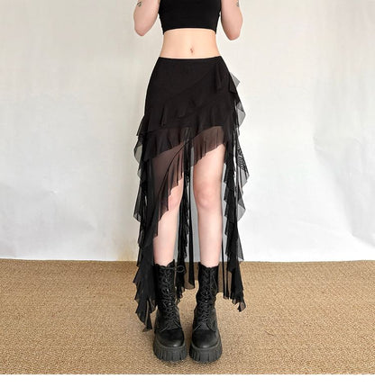 Sheer Ruffle Trim Mini Skirt with Dip Back - Altfashion Shop