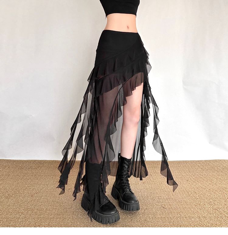 Sheer Ruffle Trim Mini Skirt with Dip Back - Altfashion Shop