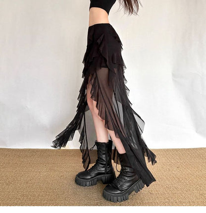 Sheer Ruffle Trim Mini Skirt with Dip Back - Altfashion Shop