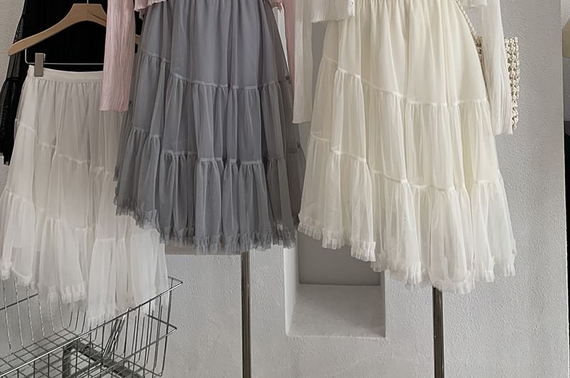 Asymmetric Hem Mesh Midi Skirt - Altfashion Shop