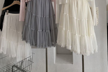 Asymmetric Hem Mesh Midi Skirt - Altfashion Shop