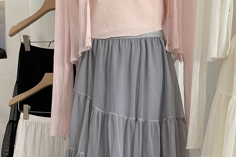 Asymmetric Hem Mesh Midi Skirt - Altfashion Shop