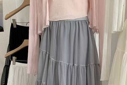 Asymmetric Hem Mesh Midi Skirt - Altfashion Shop