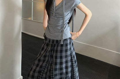 Ruched Top and Gingham Maxi Skirt Set - Altfashion Shop