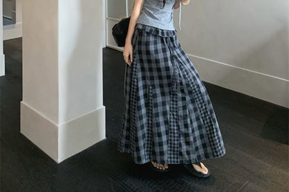Ruched Top and Gingham Maxi Skirt Set - Altfashion Shop