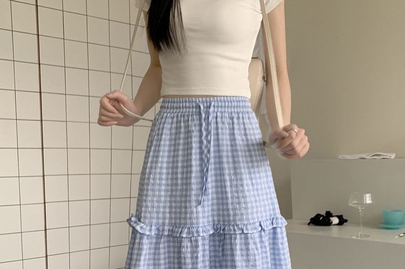 Gingham Frill Trim Maxi Skirt - Altfashion Shop