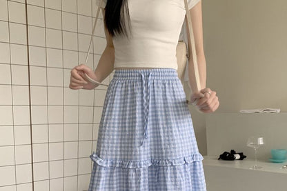 Gingham Frill Trim Maxi Skirt - Altfashion Shop