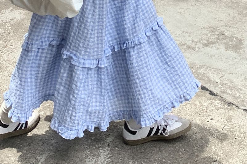 Gingham Frill Trim Maxi Skirt - Altfashion Shop