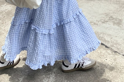 Gingham Frill Trim Maxi Skirt - Altfashion Shop