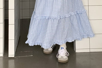 Gingham Frill Trim Maxi Skirt - Altfashion Shop