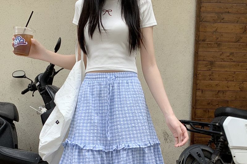 Gingham Frill Trim Maxi Skirt - Altfashion Shop
