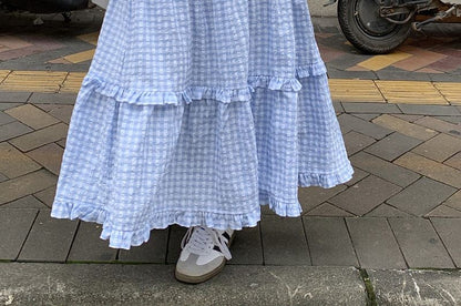 Gingham Frill Trim Maxi Skirt - Altfashion Shop