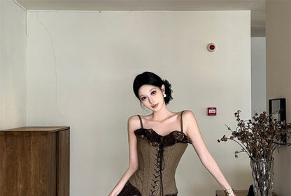 Lace-Up Ruffled Camisole and Mermaid Skirt Set - Altfashion Shop