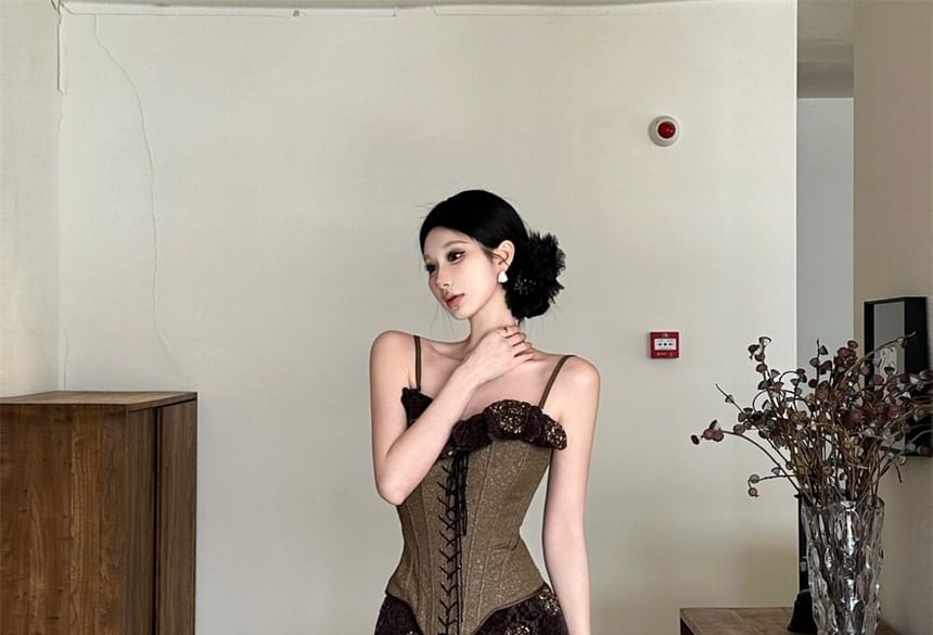 Lace-Up Ruffled Camisole and Mermaid Skirt Set - Altfashion Shop