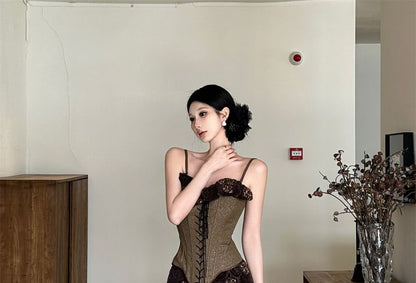 Lace-Up Ruffled Camisole and Mermaid Skirt Set - Altfashion Shop