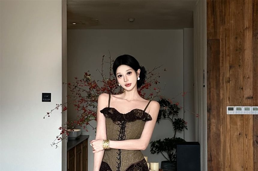 Lace-Up Ruffled Camisole and Mermaid Skirt Set - Altfashion Shop