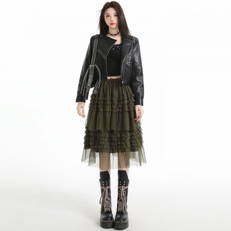 Black Drawstring Waist Plain Tiered Ruffle Mesh Midi A-Line Skirt - Altfashion Shop