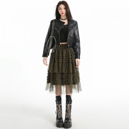 Black Drawstring Waist Plain Tiered Ruffle Mesh Midi A-Line Skirt - Altfashion Shop