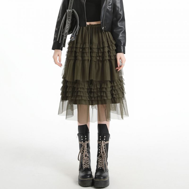 Black Drawstring Waist Plain Tiered Ruffle Mesh Midi A-Line Skirt - Altfashion Shop