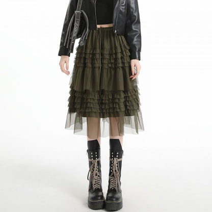 Black Drawstring Waist Plain Tiered Ruffle Mesh Midi A-Line Skirt - Altfashion Shop