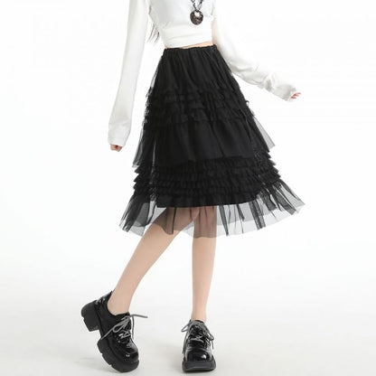 Black Drawstring Waist Plain Tiered Ruffle Mesh Midi A-Line Skirt - Altfashion Shop