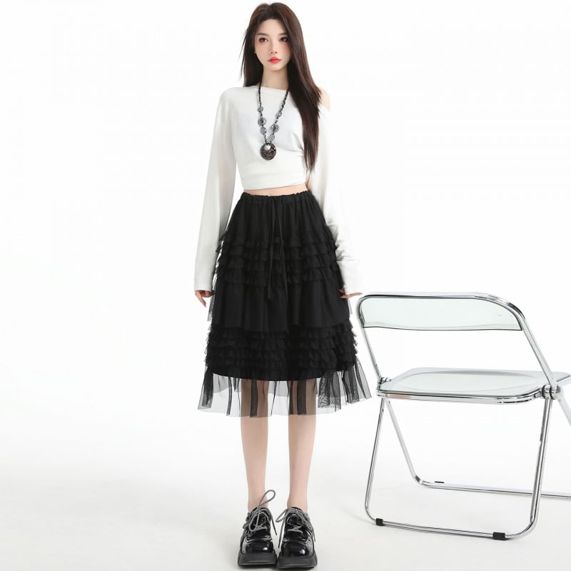 Black Drawstring Waist Plain Tiered Ruffle Mesh Midi A-Line Skirt - Altfashion Shop