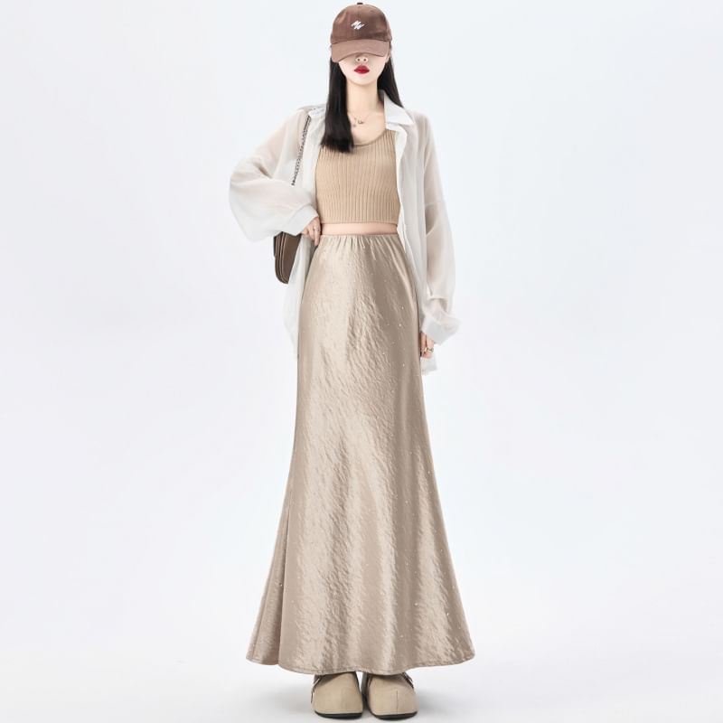 Black High Waist Rhinestone Satin Maxi Mermaid Skirt - Altfashion Shop