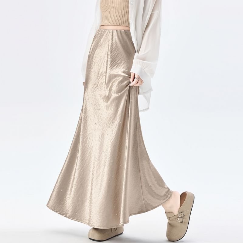 Black High Waist Rhinestone Satin Maxi Mermaid Skirt - Altfashion Shop
