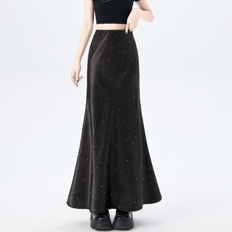 Black High Waist Rhinestone Satin Maxi Mermaid Skirt - Altfashion Shop