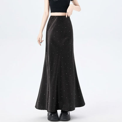 Black High Waist Rhinestone Satin Maxi Mermaid Skirt - Altfashion Shop
