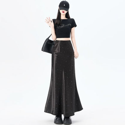 Black High Waist Rhinestone Satin Maxi Mermaid Skirt - Altfashion Shop