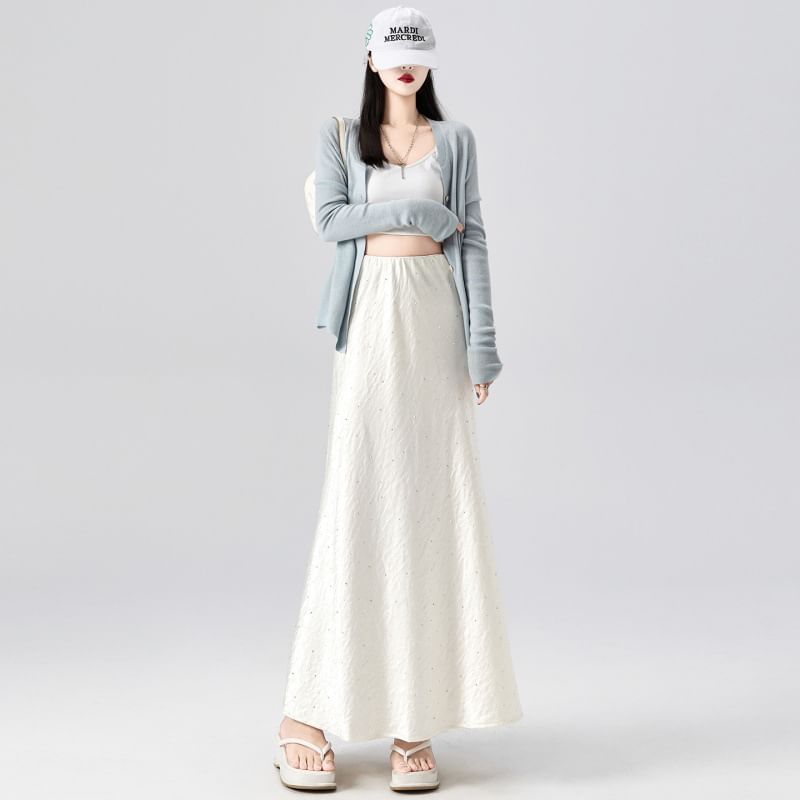 Black High Waist Rhinestone Satin Maxi Mermaid Skirt - Altfashion Shop