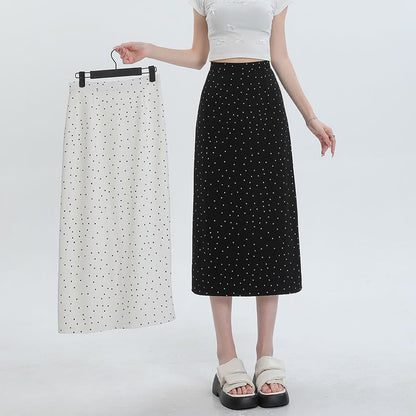 Black High Waist Polka Dot Slit Midi Straight Skirt - Altfashion Shop