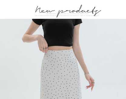 Black High Waist Polka Dot Slit Midi Straight Skirt - Altfashion Shop