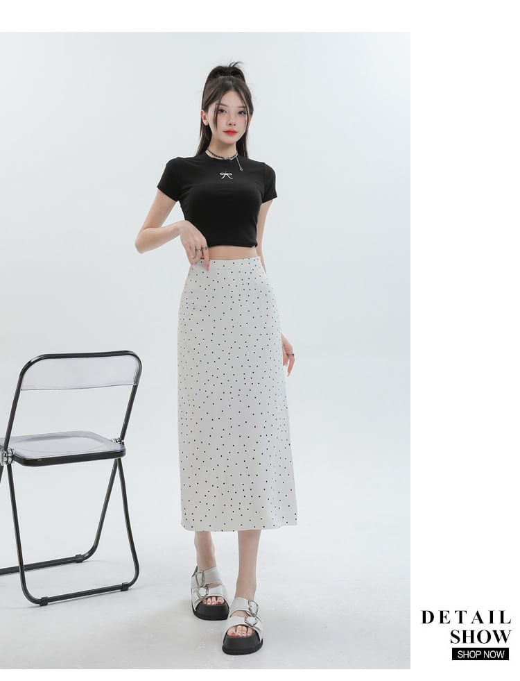 Black High Waist Polka Dot Slit Midi Straight Skirt - Altfashion Shop