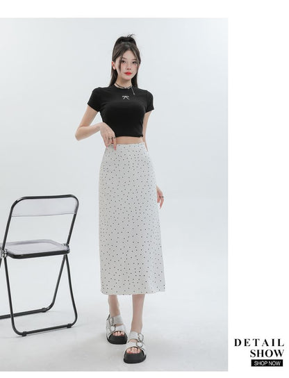 Black High Waist Polka Dot Slit Midi Straight Skirt - Altfashion Shop