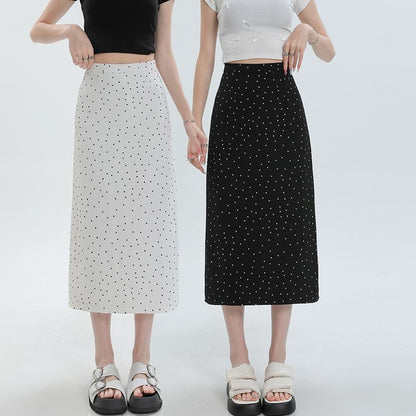 Black High Waist Polka Dot Slit Midi Straight Skirt - Altfashion Shop
